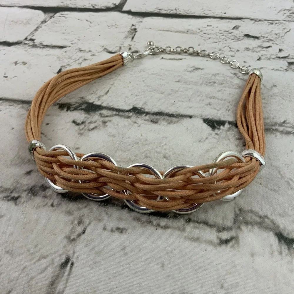Chicos Threaded‎ Cord Choker Necklace Silver Toned Rings Boho Hippie Beige